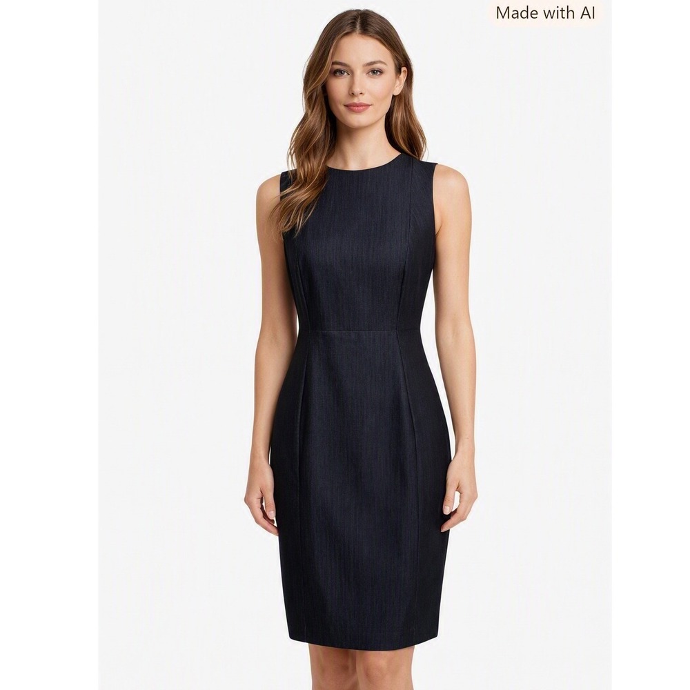 Calvin Klein‎ Sheath Dress Womens 4P Navy Denim Look Gold Zipper Career Timeless